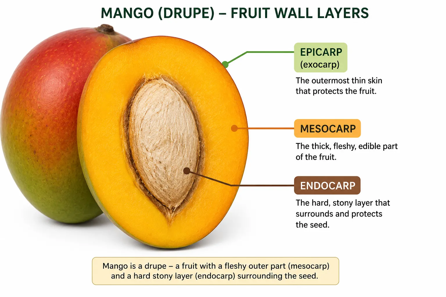 Sectioned fruit with epicarp, mesocarp and endocarp labeled